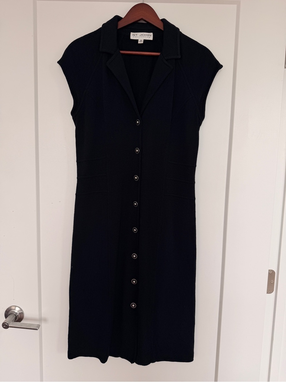 St. John Black Cap-Sleeve Button-Front Midi Dress